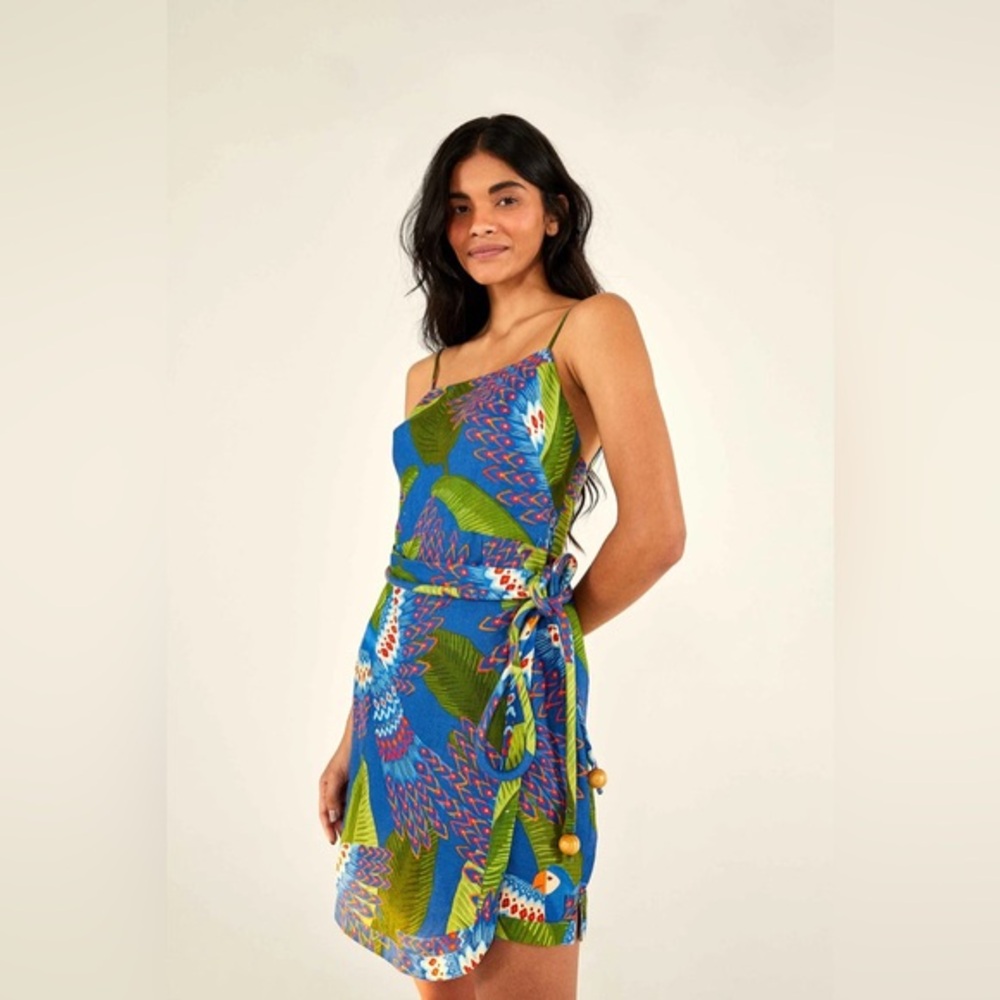 NWT Farm Rio Blue Macaw Mini Wrap Dress Size XS Short Vacation Tropical Cruise
